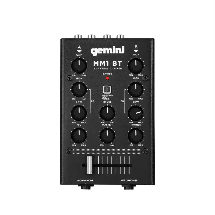 Black Gemini MM1 BT DJ mixer on a white background