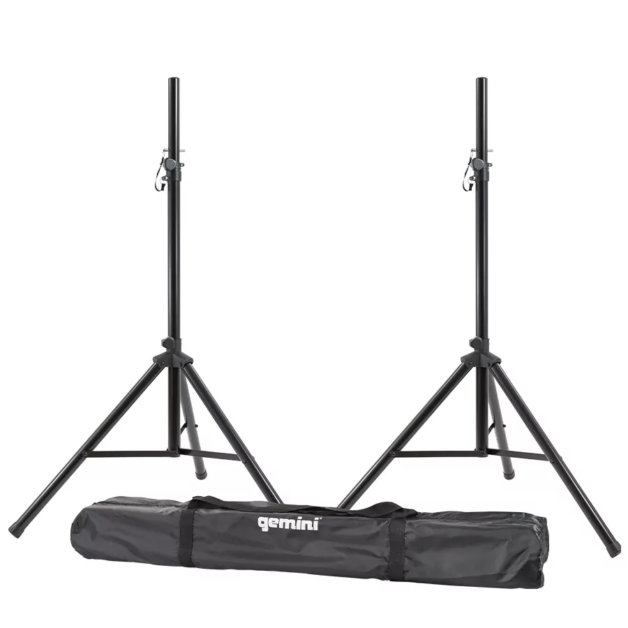 Pair of black speaker stands with a Gemini carrying bag on a white background