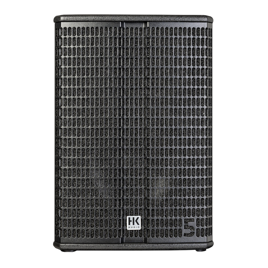 Black speaker with textured surface and HK logo on a white background