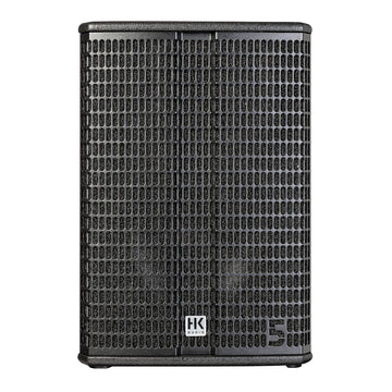 Black speaker with textured surface and HK logo on a white background