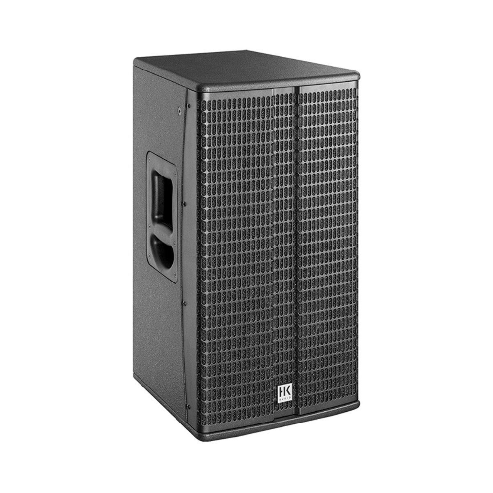 Black speaker with grille on a white background