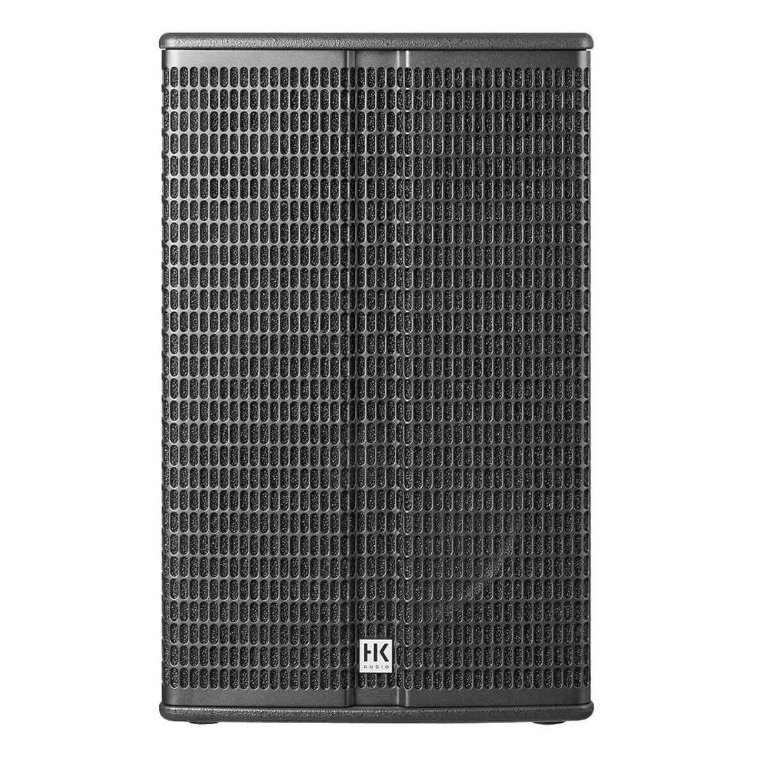 Black speaker with grid pattern on a white background