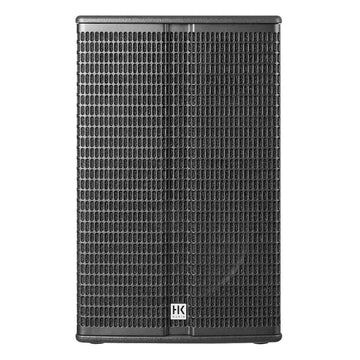 Black speaker with grid pattern on a white background