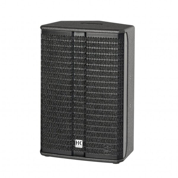 Black speaker with a brand logo on a white background
