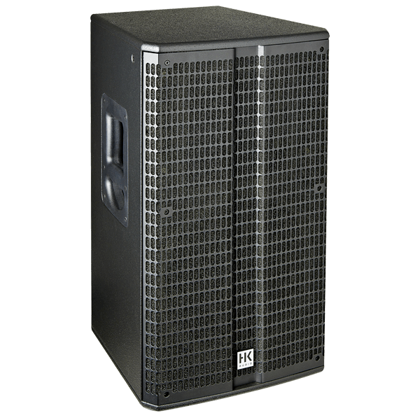 Black speaker with brand logo on a white background