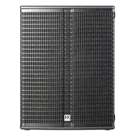 Black speaker with grid pattern on a white background
