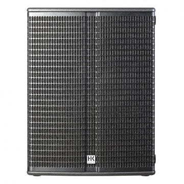 Black speaker with grid pattern on a white background