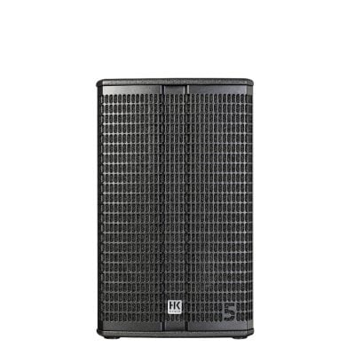 Black speaker with grille on a white background
