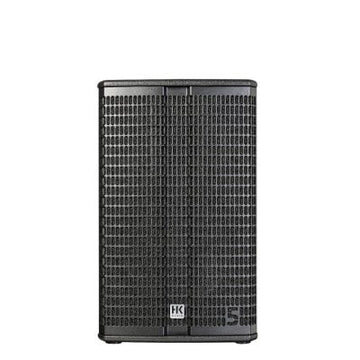 Black speaker with grille on a white background