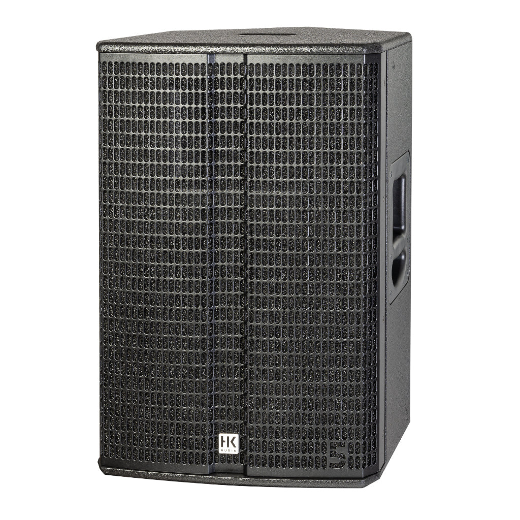 Black speaker with grille and HK logo on a white background
