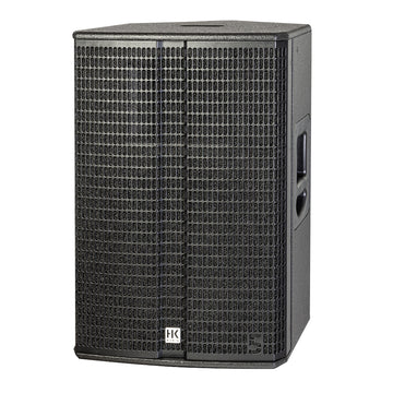 Black speaker with grille and HK logo on a white background