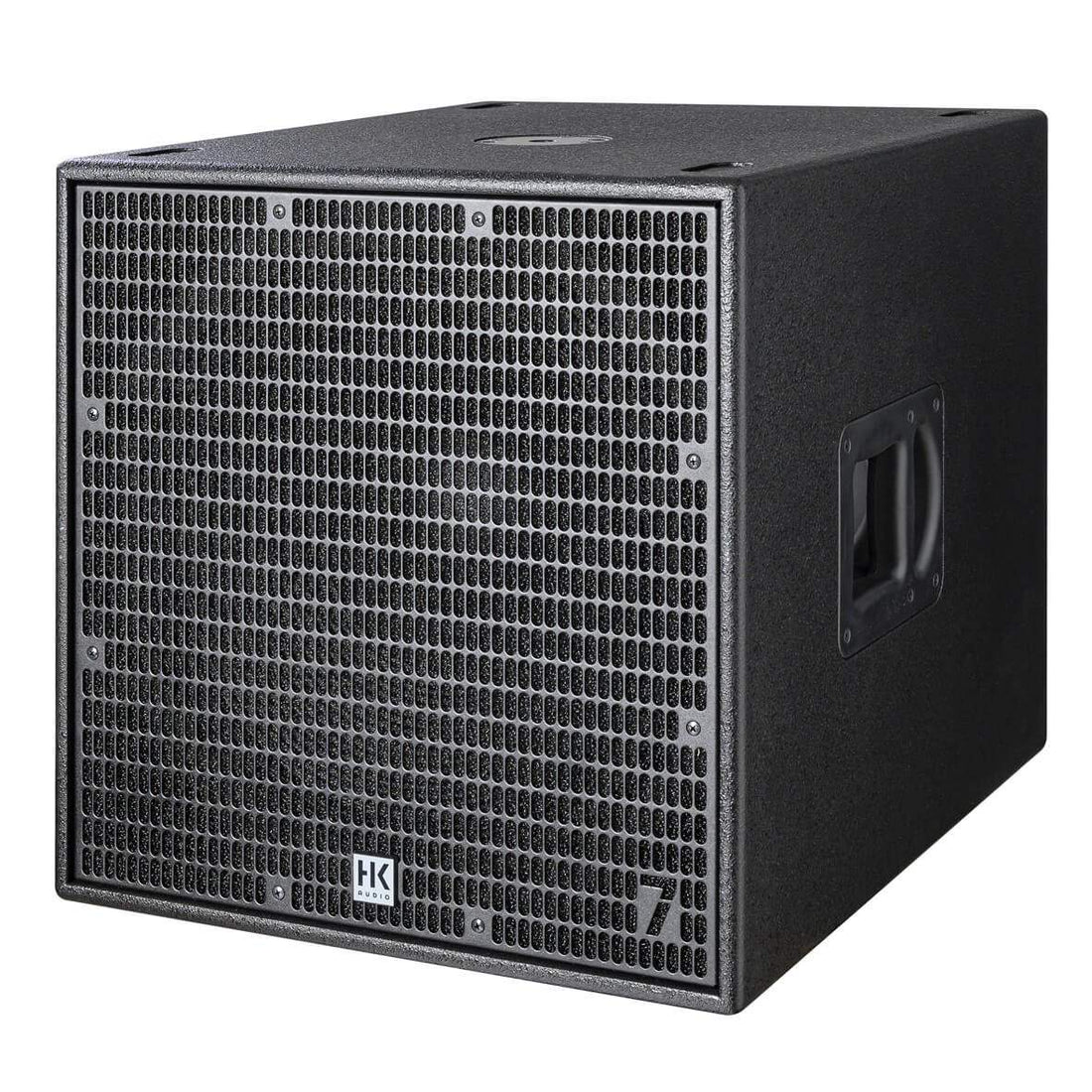 Black subwoofer with grille and brand logo on a white background
