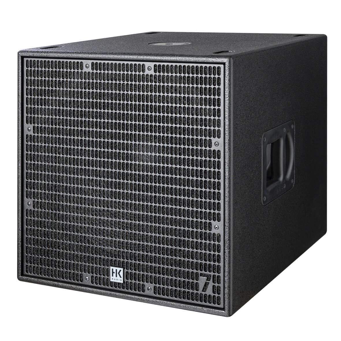 Black subwoofer with grille and brand logo on a white background