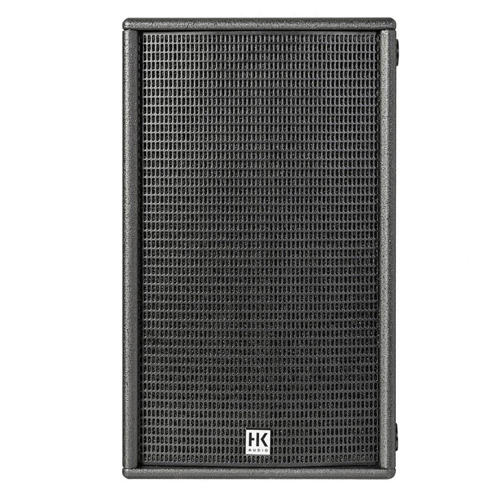 Black speaker with a textured surface and HK logo on a white background