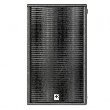 Black speaker with a textured surface and HK logo on a white background