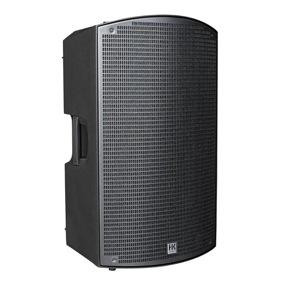 Black speaker with brand logo on a white background