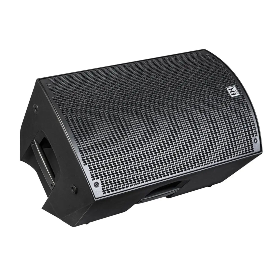 Black speaker with grille on a white background