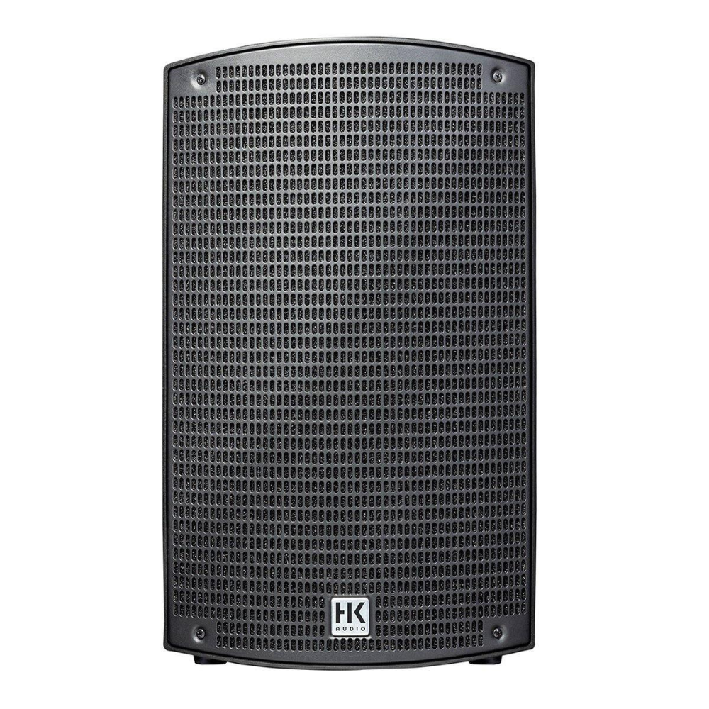Black speaker with grille and HK logo on a white background