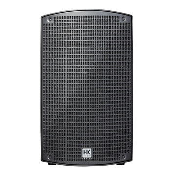 Black speaker with grille and HK logo on a white background