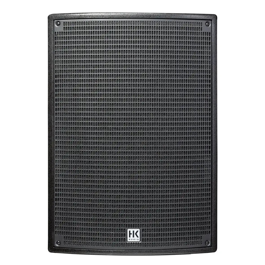Black speaker with grille and HK logo on a white background