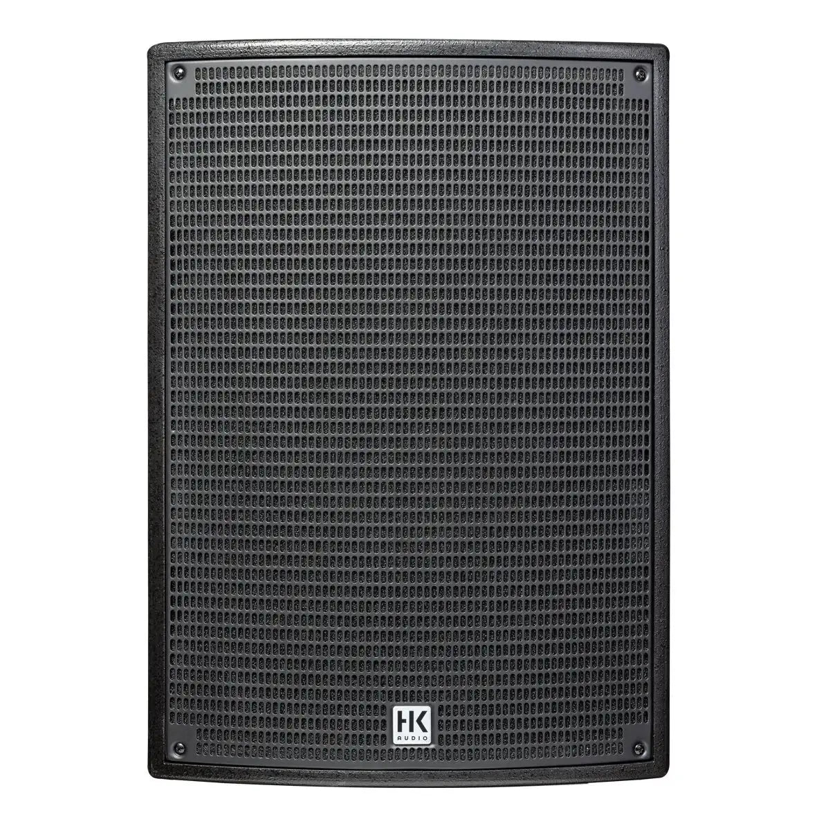 Black speaker with grille and HK logo on a white background