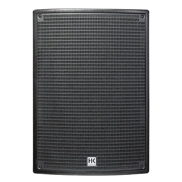 Black speaker with grille and HK logo on a white background