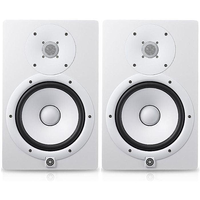 Pair of HS7 white studio monitors with visible Yamaha logo on a white background