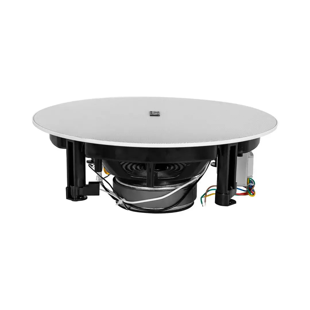 Ceiling-mounted speaker with white cover and visible components on a white background