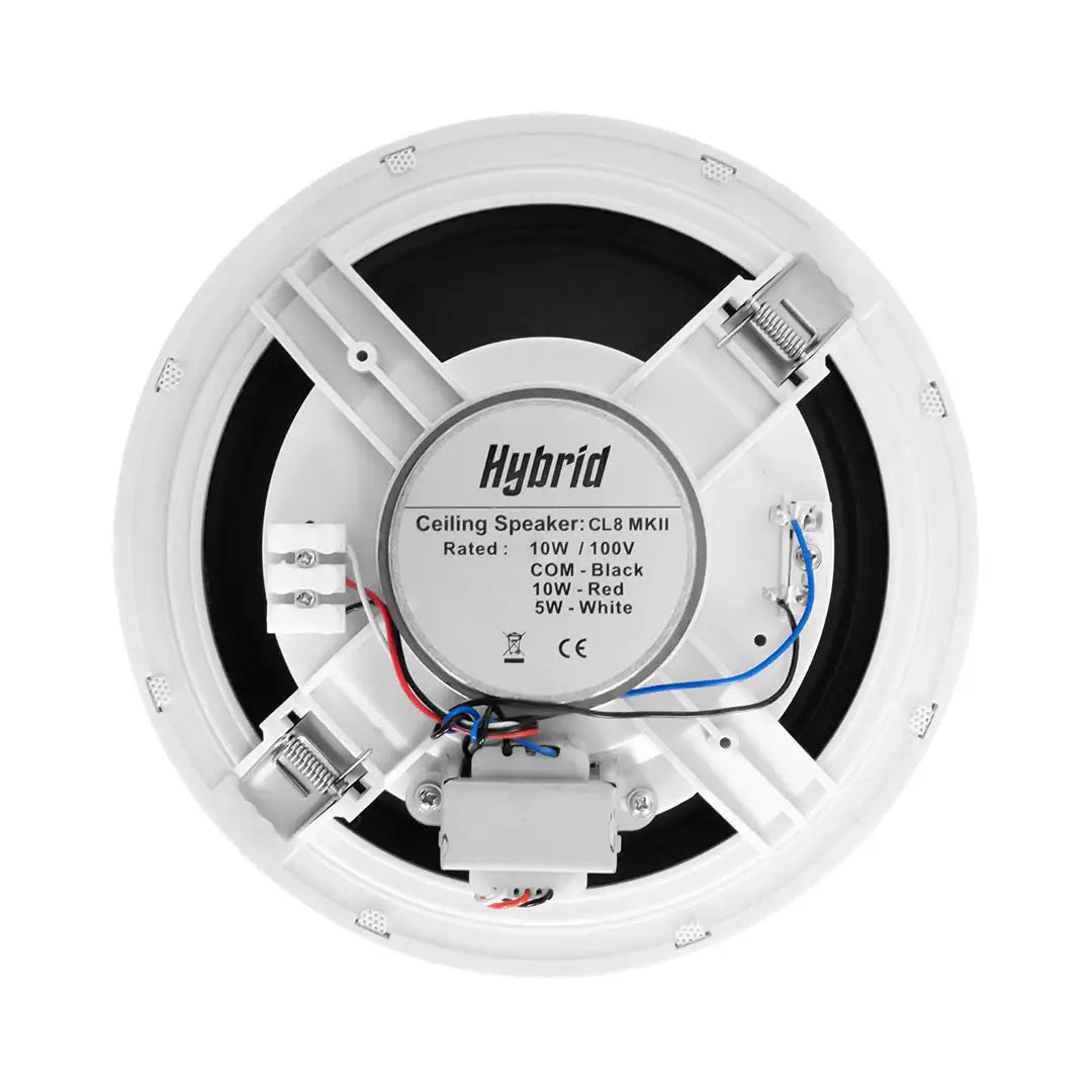 Hybrid ceiling speaker with specifications on a white background