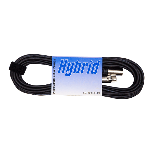 Black audio cable with 'Hybrid' label on a white background