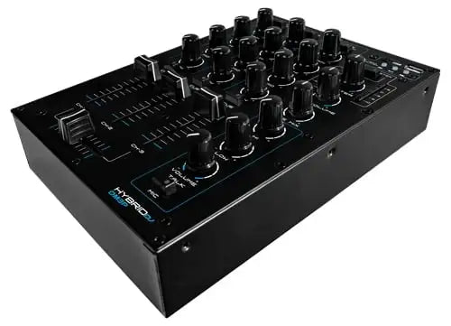 Black audio mixer with multiple knobs on a white background