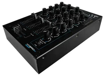 Black audio mixer with multiple knobs on a white background