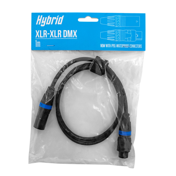 Hybrid XLR-XLR DMX cable in packaging with blue label