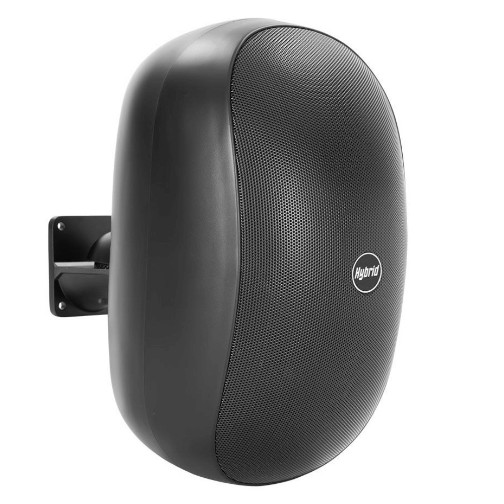 Black outdoor speaker with 'Hybrid' logo on a white background
