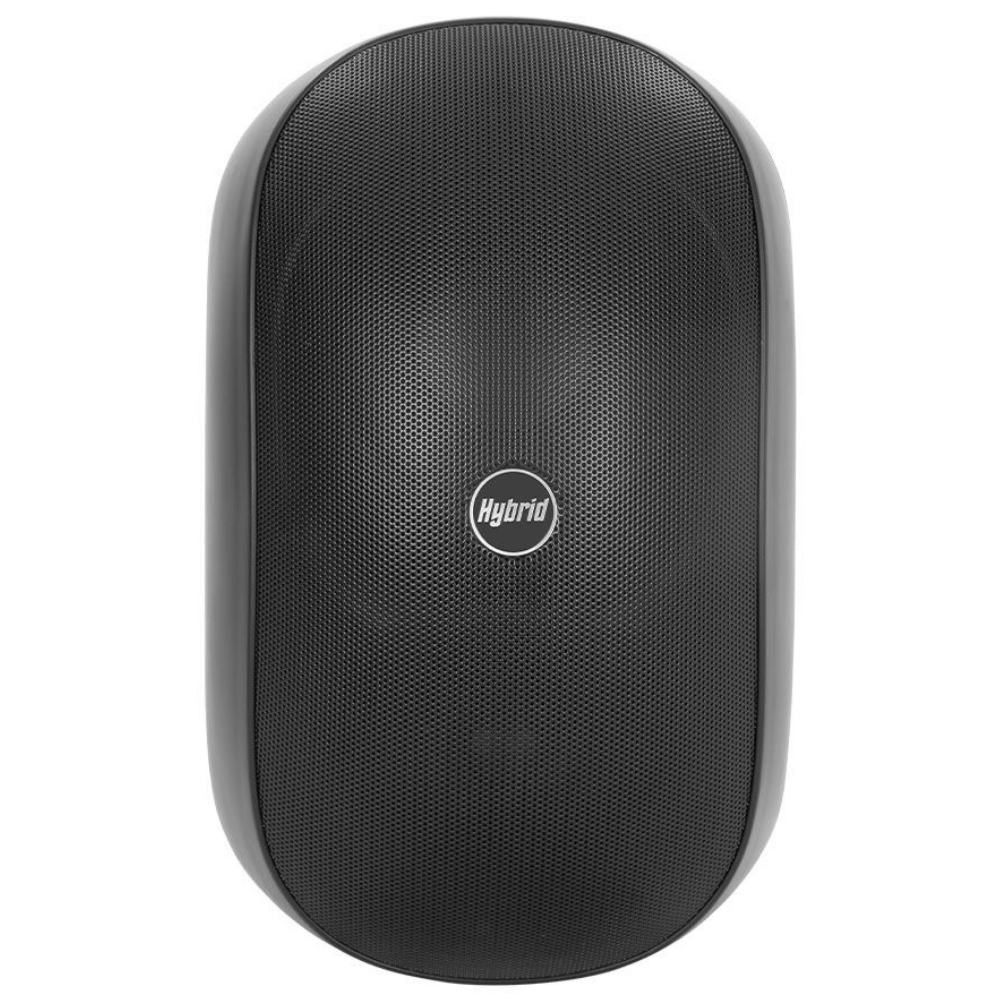 Black speaker with 'Hybrid' logo on a white background