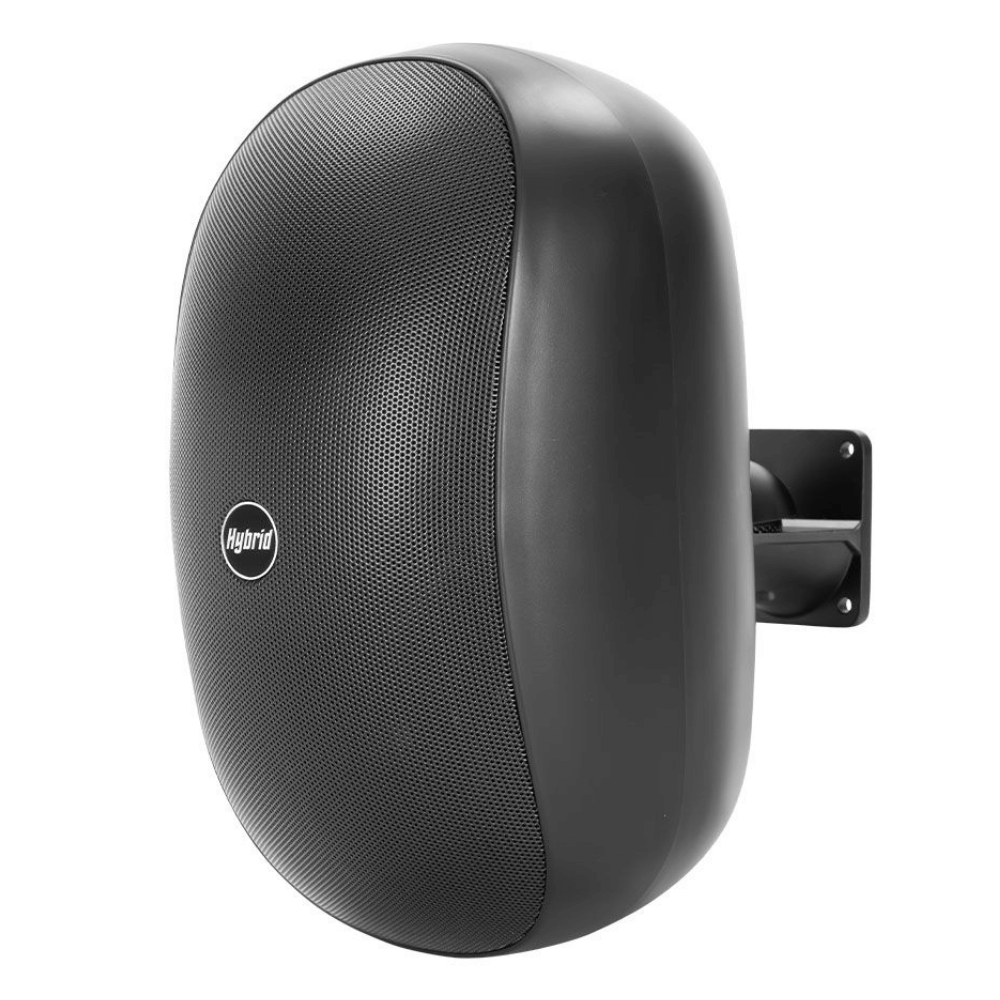 Black outdoor speaker with Hybrid logo on a white background