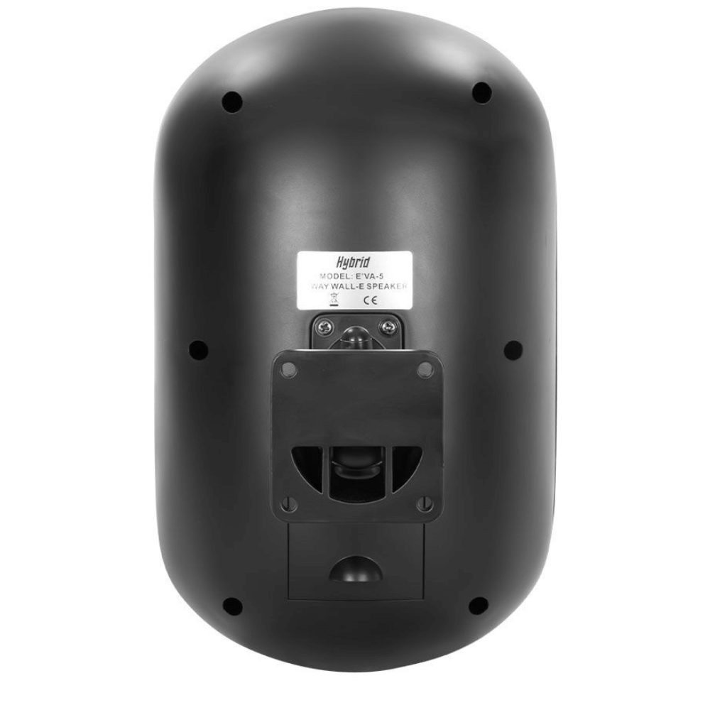 Black wall-mounted speaker with 'Hybrid' branding on a white background