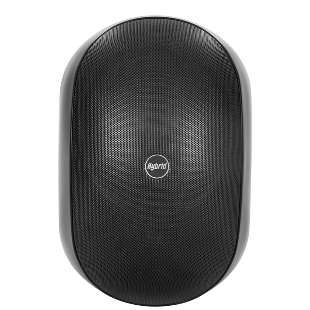 Black speaker with 'Hybrid' branding on a white background