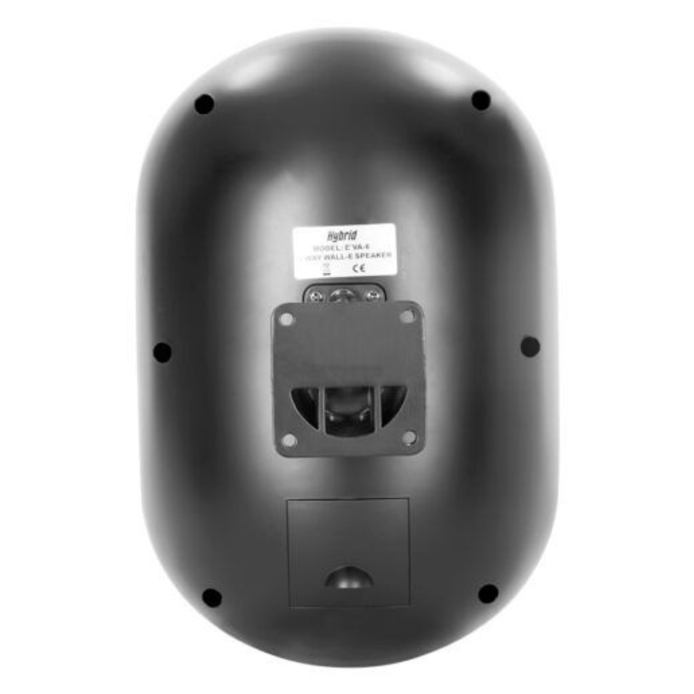 Black wall-mounted speaker with visible brand label on a white background