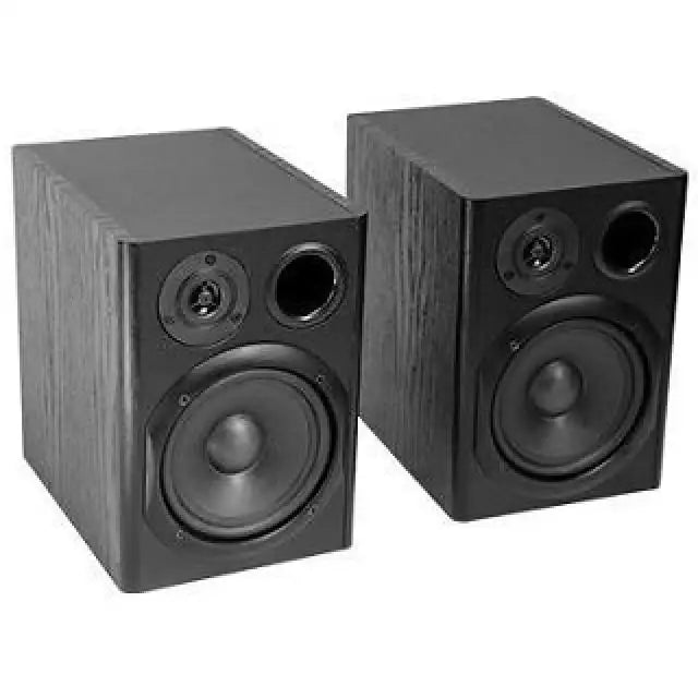 Pair of black speakers on a white background