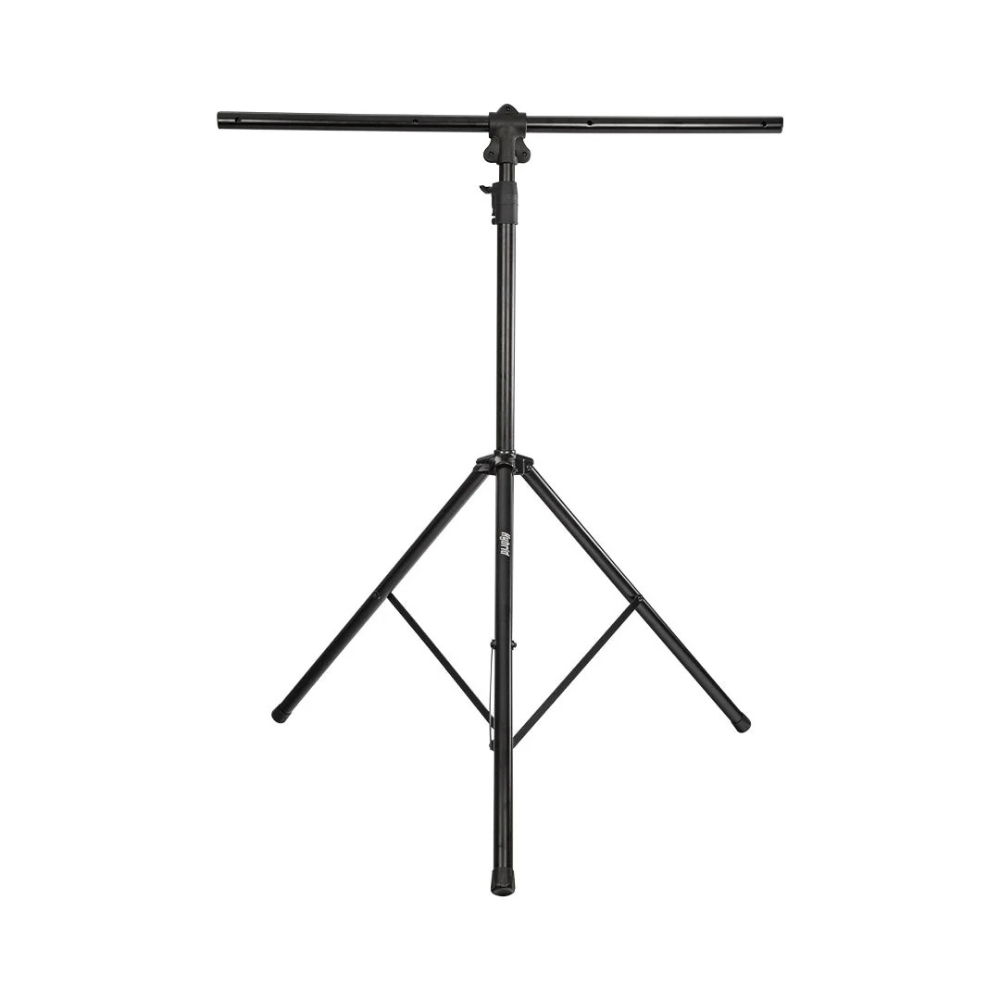 Black adjustable tripod stand on a white background
