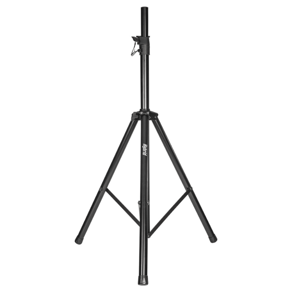 Black adjustable tripod stand on a white background