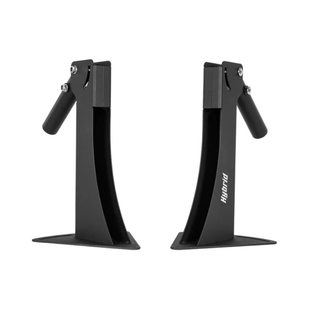 Two black metal stands with handles on a white background