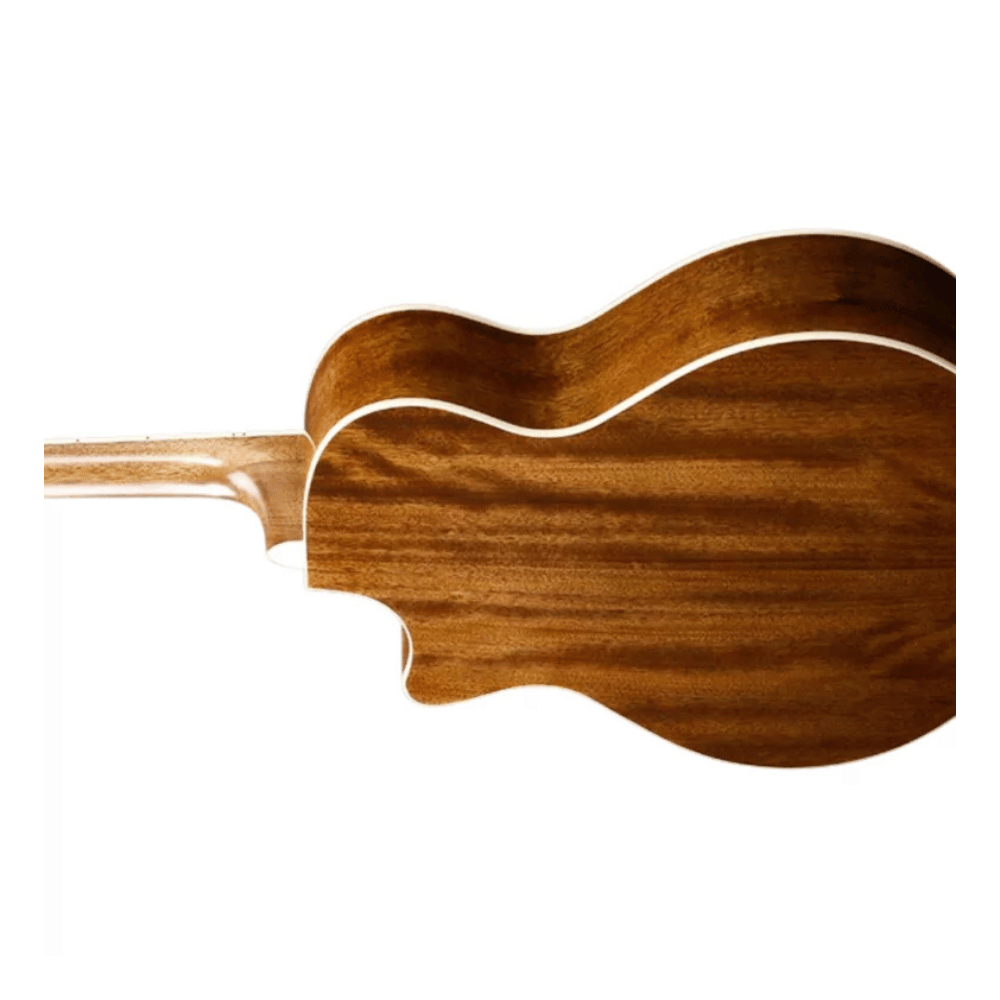 Wooden acoustic guitar body on a white background