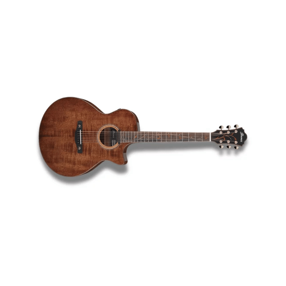 Acoustic guitar with a brown finish on a white background
