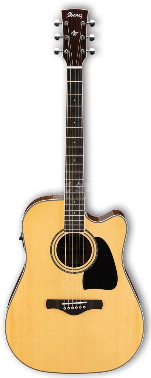 Acoustic guitar with a visible brand logo on a white background