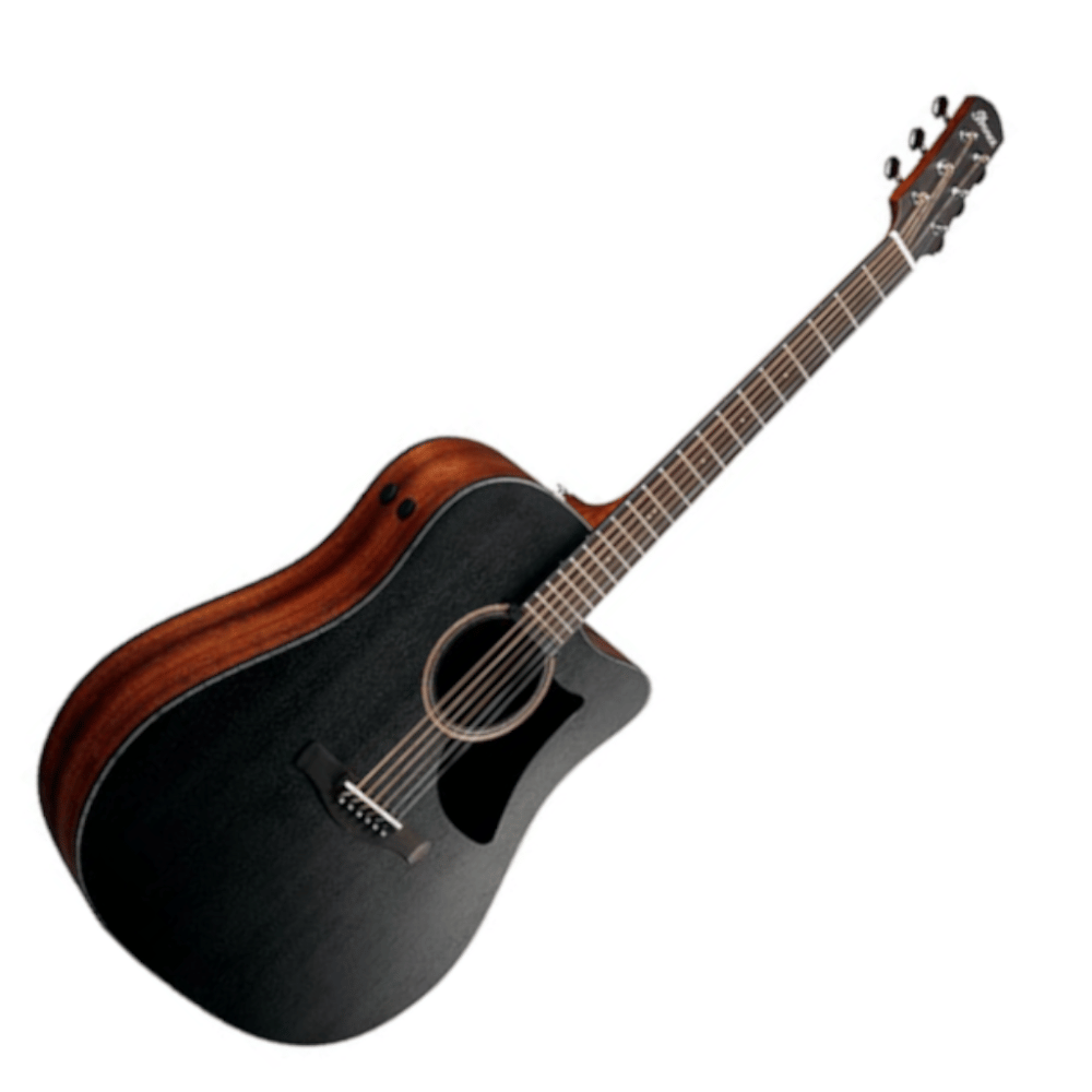 Acoustic guitar with black body and wooden neck on a white background