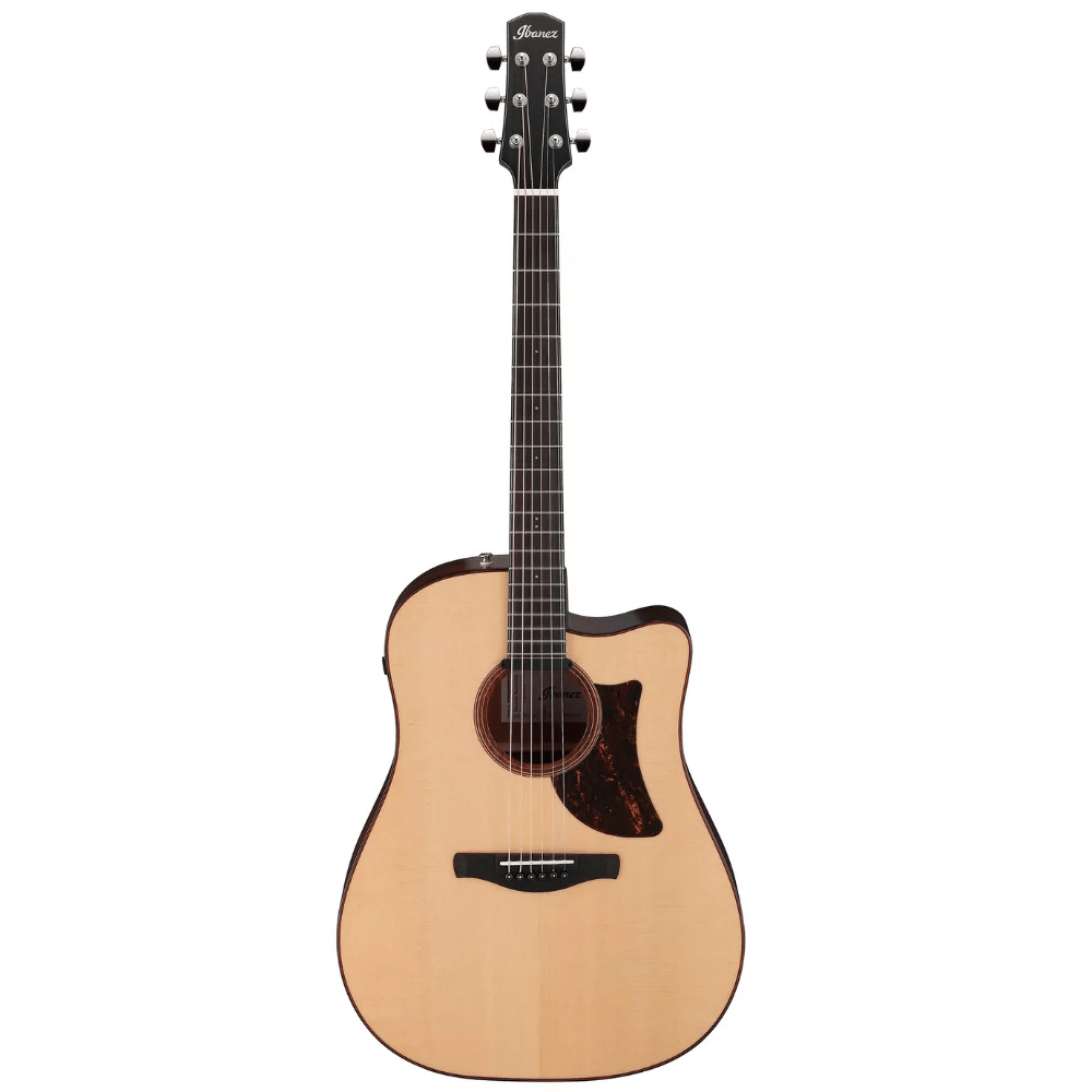 Acoustic guitar with a natural wood finish on a white background