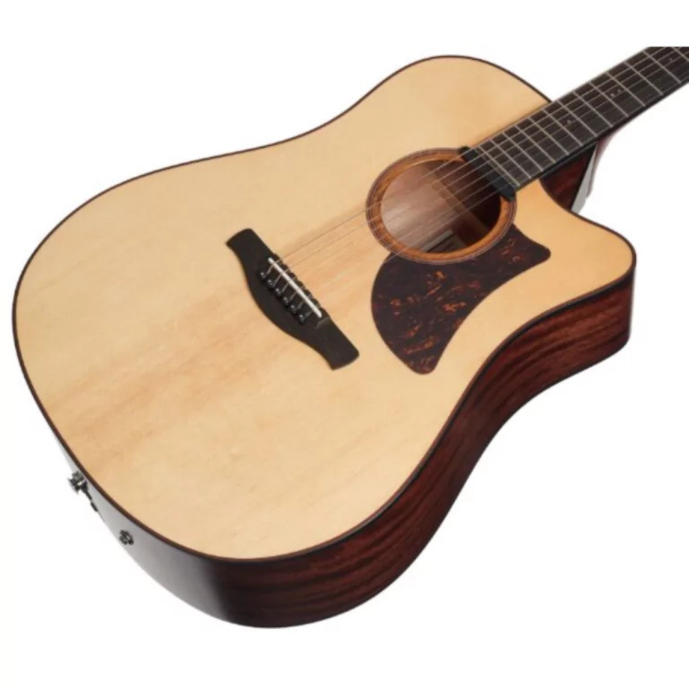 Acoustic guitar with a cutaway on a white background
