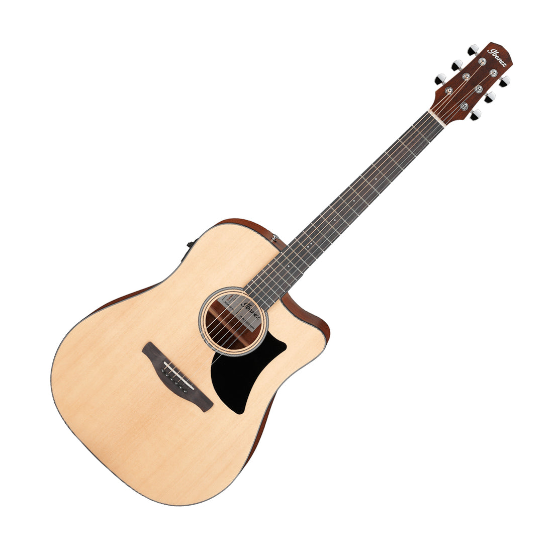 Acoustic guitar with a natural wood finish on a white background